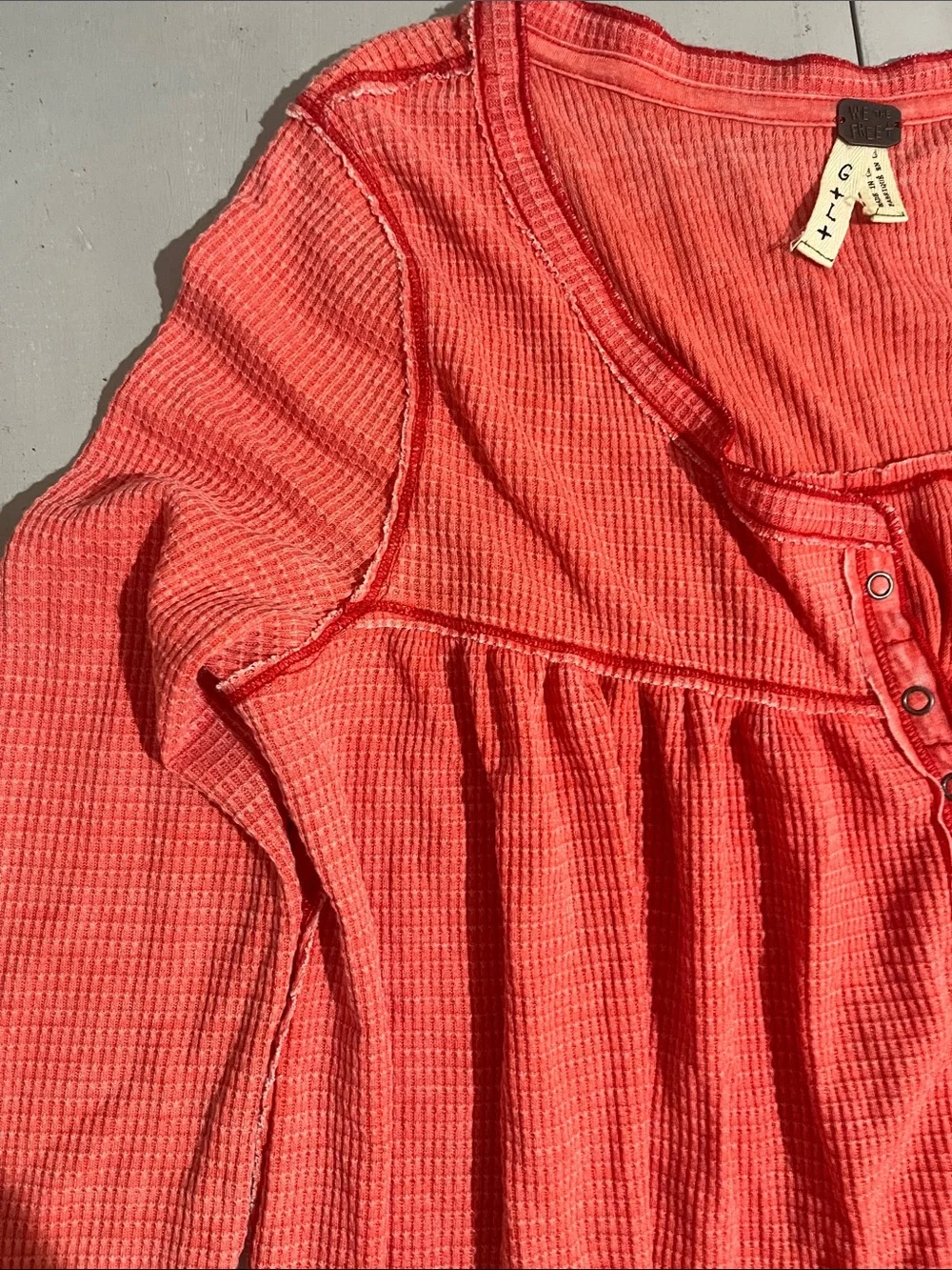 Free People Coral Waffle-Knit Long Sleeve Henley